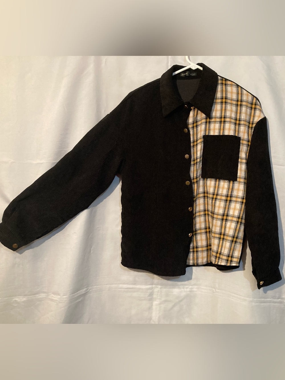 ❤️3/$15 SHEIN Black Corduroy Jacket with Yellow Plaid Panel